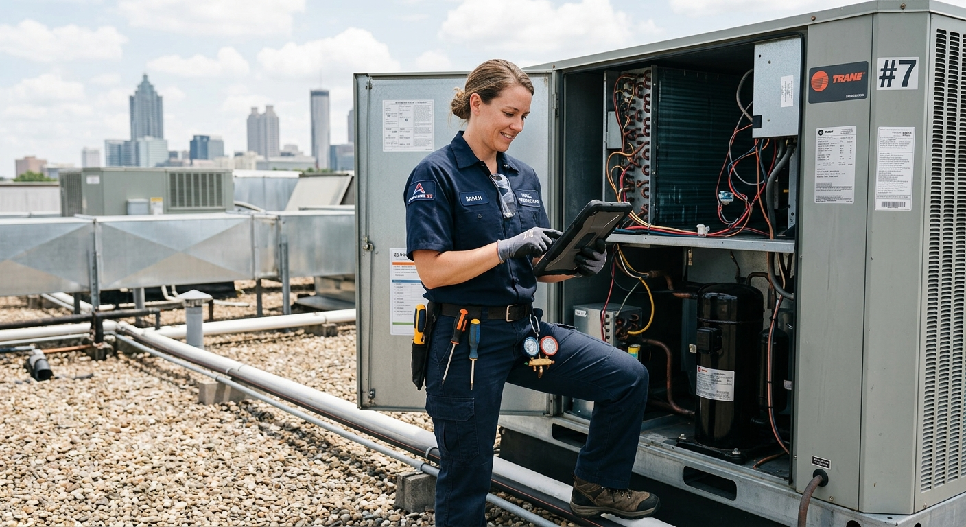 HVAC technician using scheduling software on a tablet