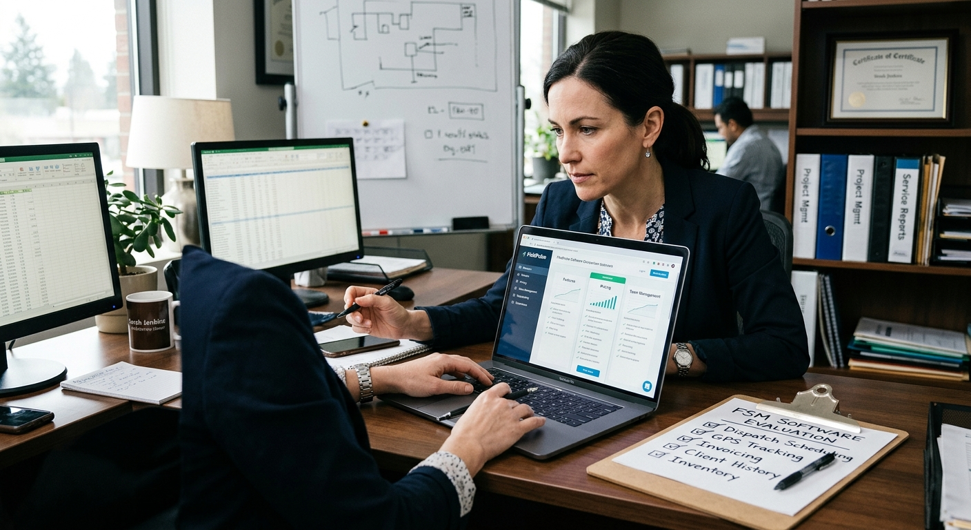 Business owner reviewing field service management software options